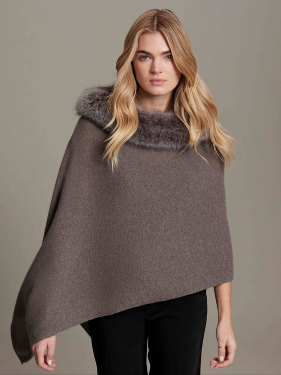 Alashan Sweaters - Alashan 100% Cashmere Fox Trim Brown Poncho Topper Lightweight Sweater